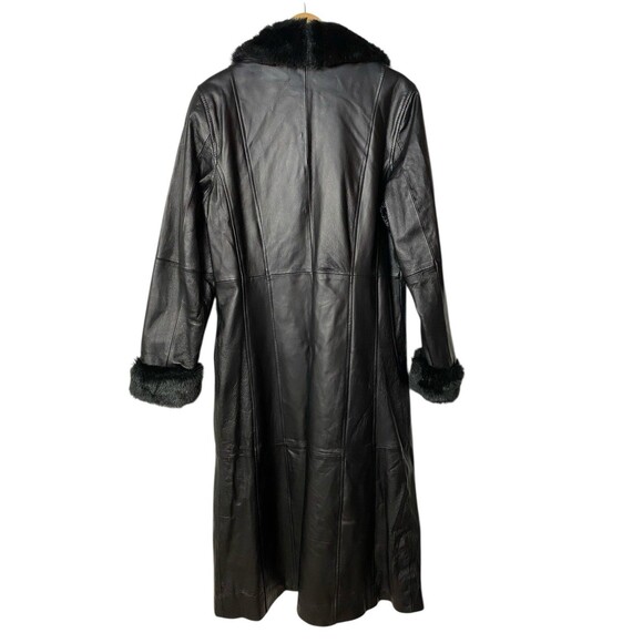 Women's Long Black Leather Trench Coat Faux Fur Trim Excelled Collection Size L - Picture 2 of 12